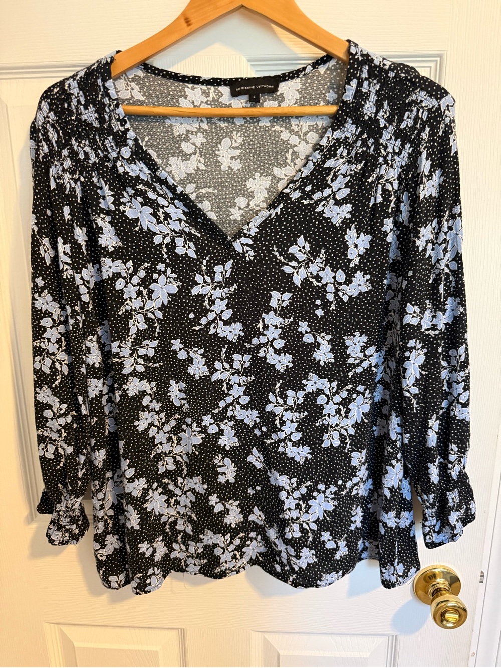 Adrienne Vittadini Black & Light Blue Floral V-Neck Blouse